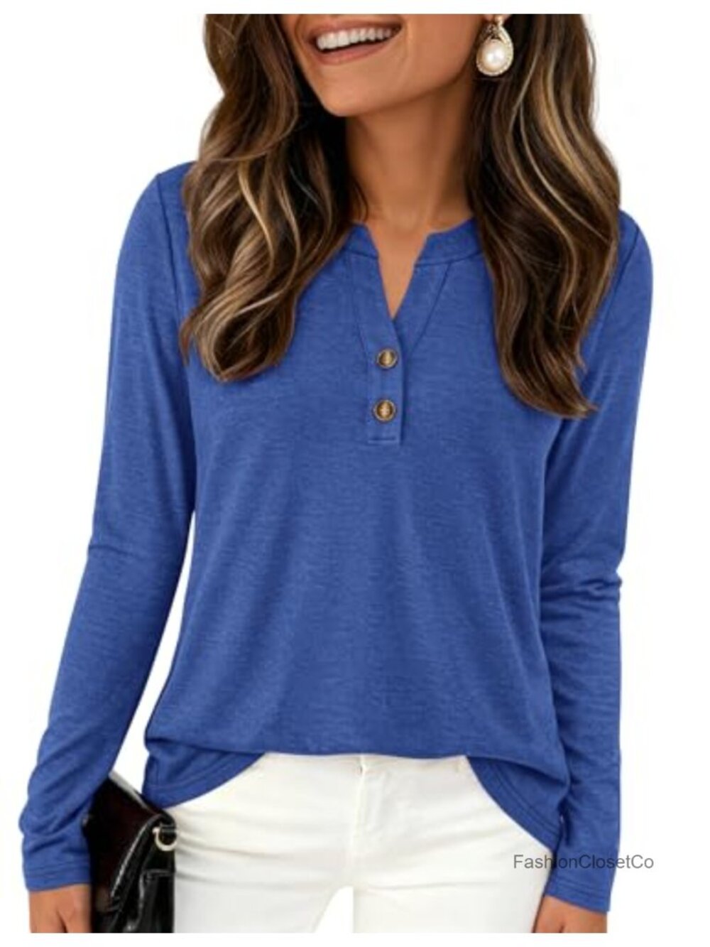 Long Sleeve Henley Tunic Top Women Stretchable Casual Blouse